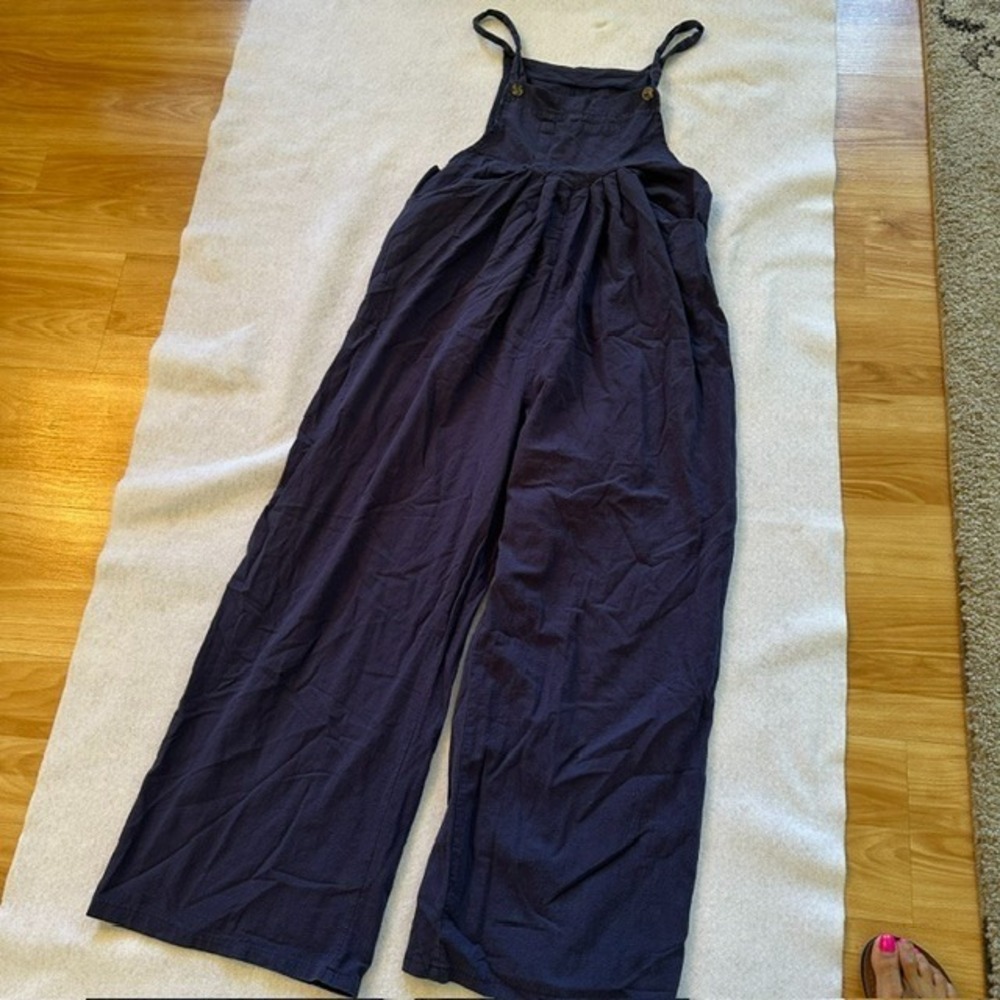 VTG Navy Blue Wide Leg Overalls Jumpsuit M Adjustable Straps Bib Pocket Boho